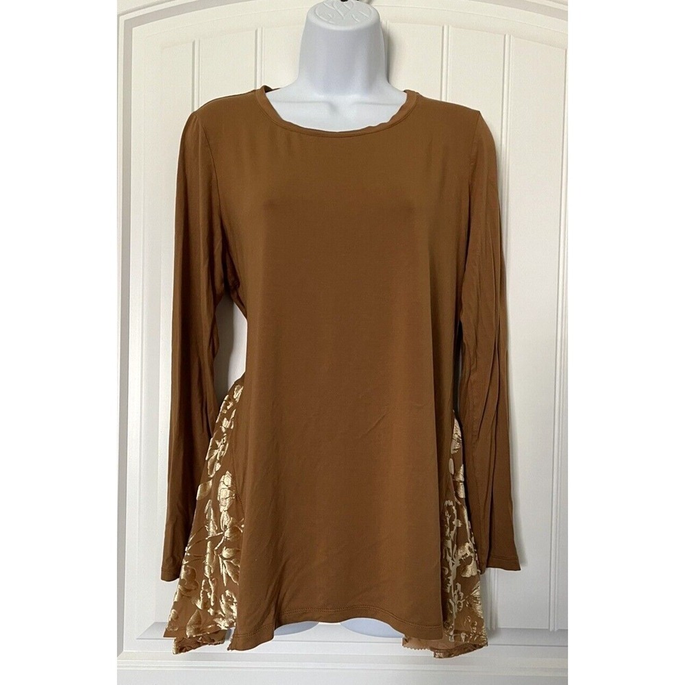 Logo Lori Goldstein Womens Medium Brown Velvet Long Sleeve Tunic Top‎ Shirt